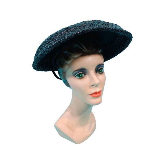 Vintage 1950s Wicker Hat Womens Large Black Sun Velvet Detail - Picture 5 of 11